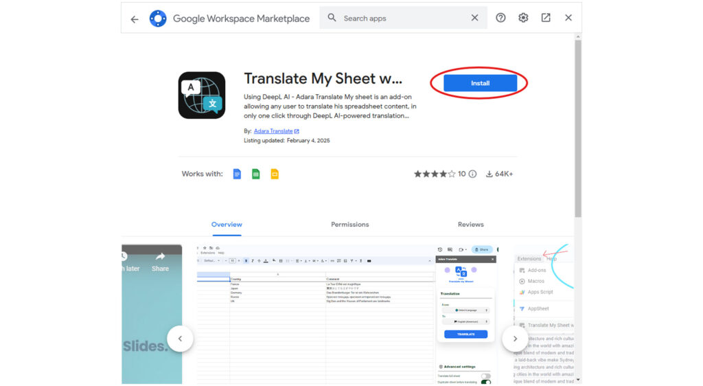 Installing of translate my sheet