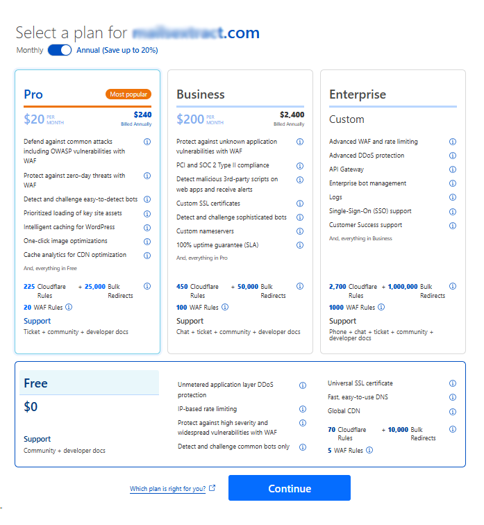 Cloudflare plan selection page displaying various pricing options for faster and secure websites, including Free, Pro, Business, and Enterprise plans.