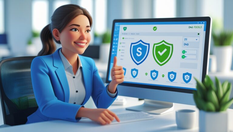 Female IT professional giving thumbs up while reviewing DNS security tools on her computer in a bright office environment.