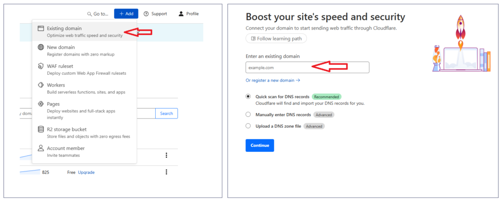 Cloudflare domain setup interface showing the process to add an existing domain for improved speed and security with Cloudflare’s DNS and performance features.