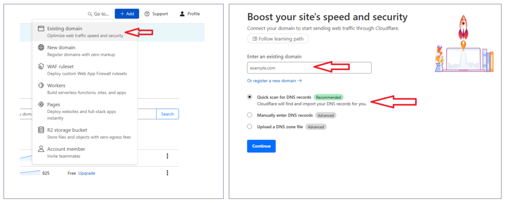 How to set up Cloudflare by adding an existing domain, entering the domain name, and selecting a DNS record scanning method.