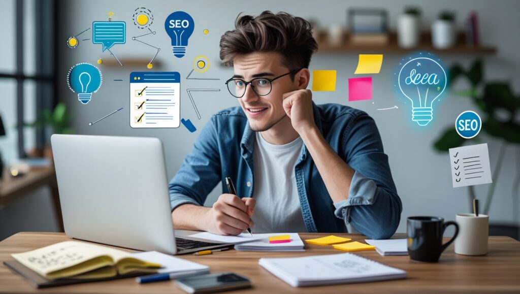 A young aspiring content writer sitting at a desk, thoughtfully jotting down ideas on paper while looking at a laptop screen. The workspace includes sticky notes, a coffee cup, and an open notebook, symbolizing creativity and planning. Floating icons represent research, SEO, and content structure, highlighting the journey of writing a compelling article.