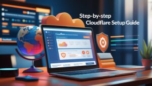 A laptop displaying the Cloudflare dashboard with a globe and shield icons in the background, illustrating website security and global performance optimization.