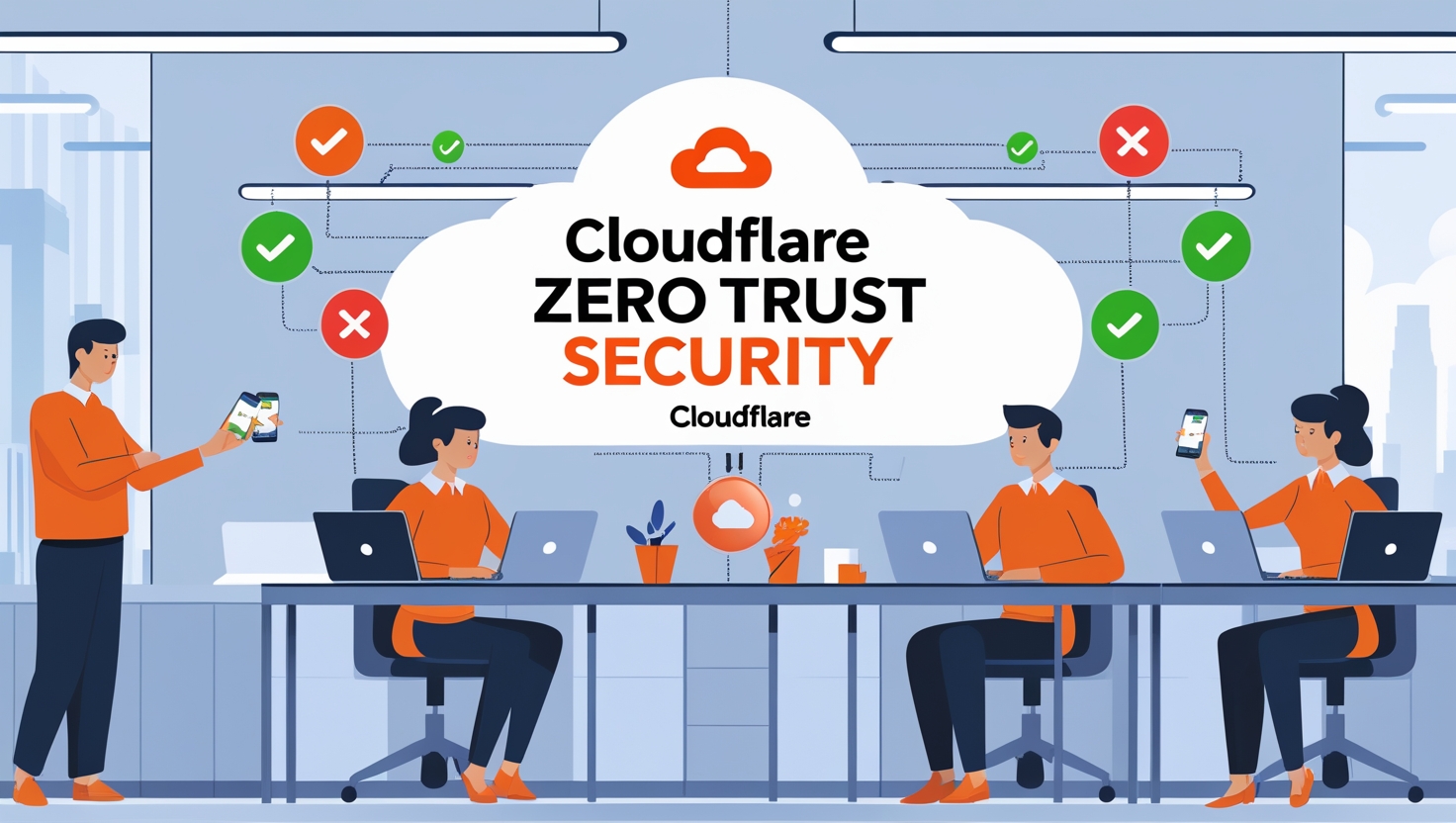 Illustration showing user verification through Cloudflare Zero Trust Security in an office environment, with green checkmarks and one red cross (X) access denied symbol