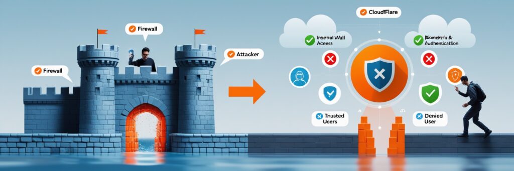 Comparison between traditional castle-and-moat security and Cloudflare Zero Trust Security showing attackers breaching firewalls and a secure layered system verifying users individually.