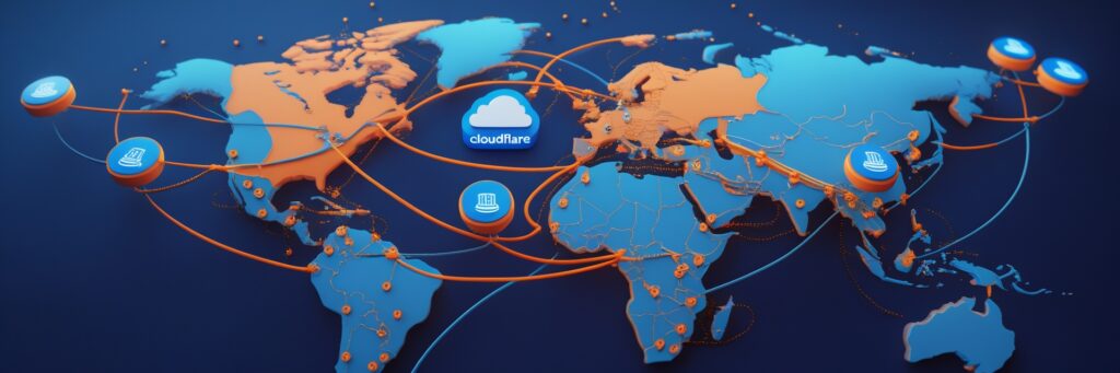 A world map illustrating Cloudflare for faster and secure websites, showing the main Cloudflare server in the USA connected to multiple CDN nodes across different countries. Smooth data flow lines represent how Cloudflare delivers website content efficiently from the nearest node, enhancing speed and security.