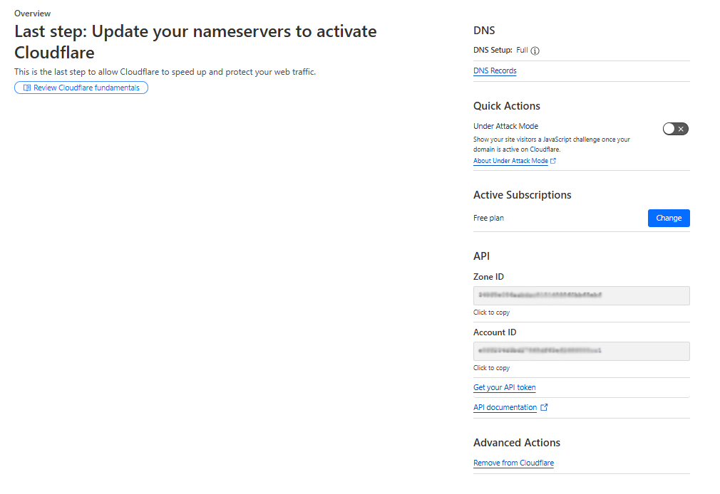 Cloudflare nameserver update screen guiding users to change their domain’s nameservers for enhanced website speed and security.