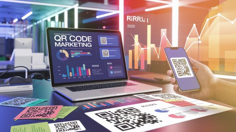 Modern business workspace showing QR code marketing strategies, smartphone scanning QR code, marketing flyers with colorful QR codes, and rising ROI graph in 2025